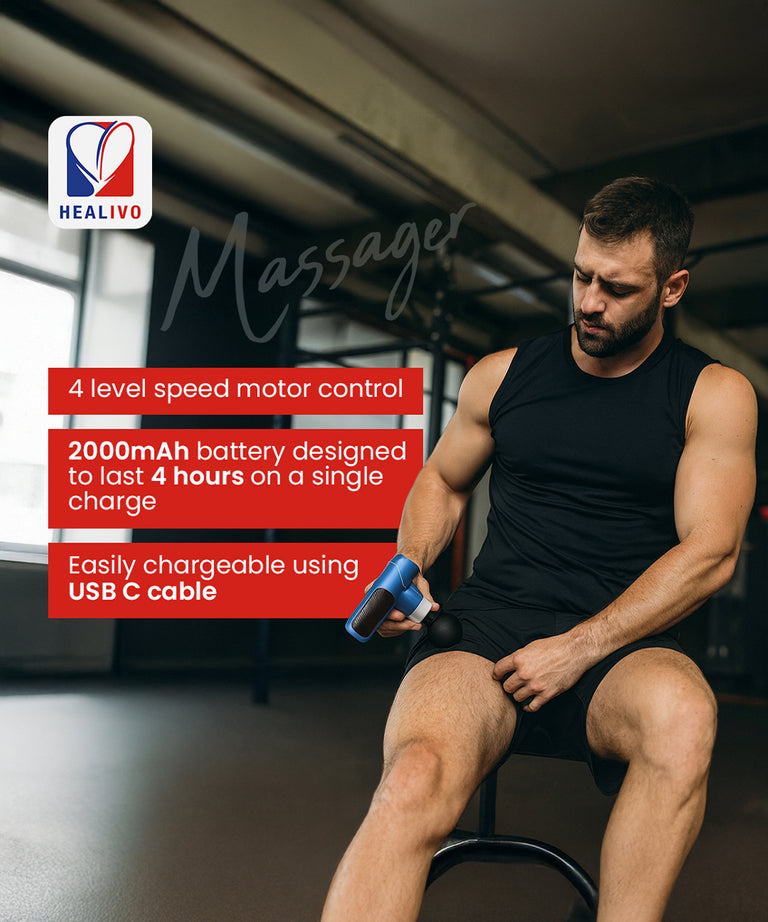 Gun Massager M1, Deep Tissue Pain Relief Device With 4 Massage Heads, Dual Bearing Motor, 2000mAh Battery, 12mm Amplitude for Muscle Recovery for Men and Women - Gym, Home and Office